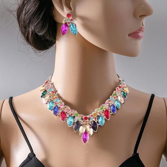 Crystal Floral Statement Necklace Earring Rhinestone Bib Collar Chunky Necklace - Picture 4 of 7